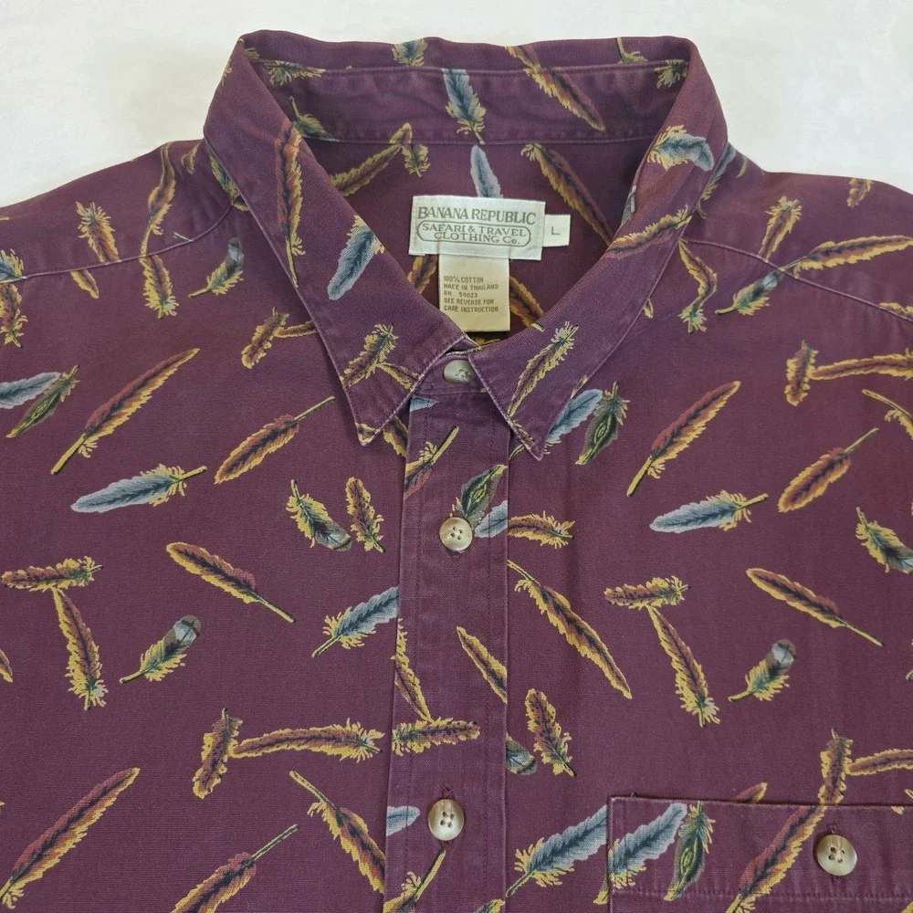 Vintage Banana Republic Safari Button Up‎ Mens L Long Sleeve Feathers Burgundy